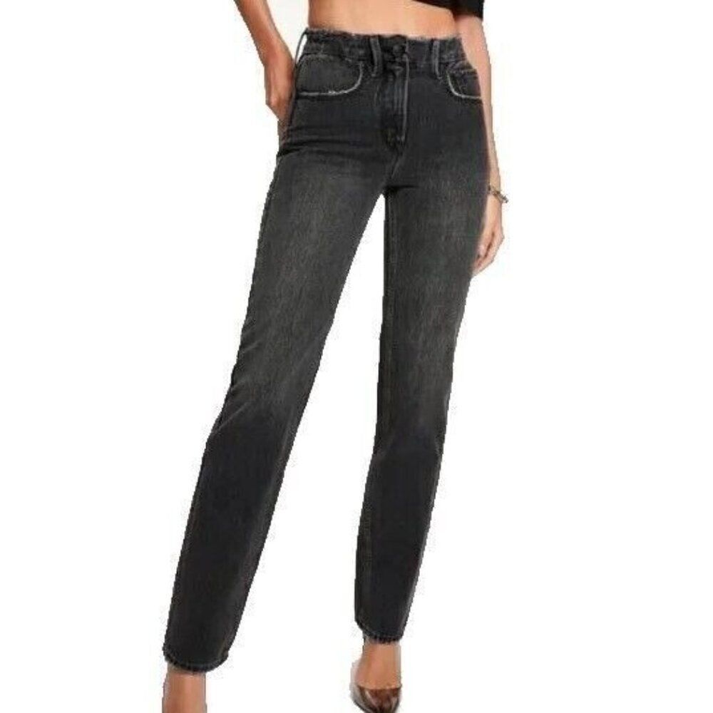 Good American 90s Icon Straight Leg Size 4 Black Distressed Denim NEW